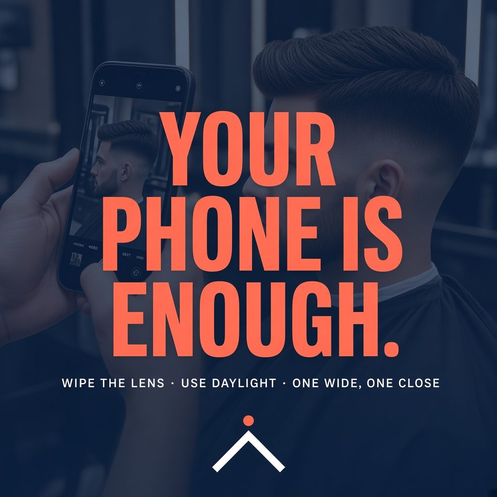 Post: a phone photographing a fresh haircut, headline Your phone is enough, with tips wipe the lens, use daylight, one wide, one close.