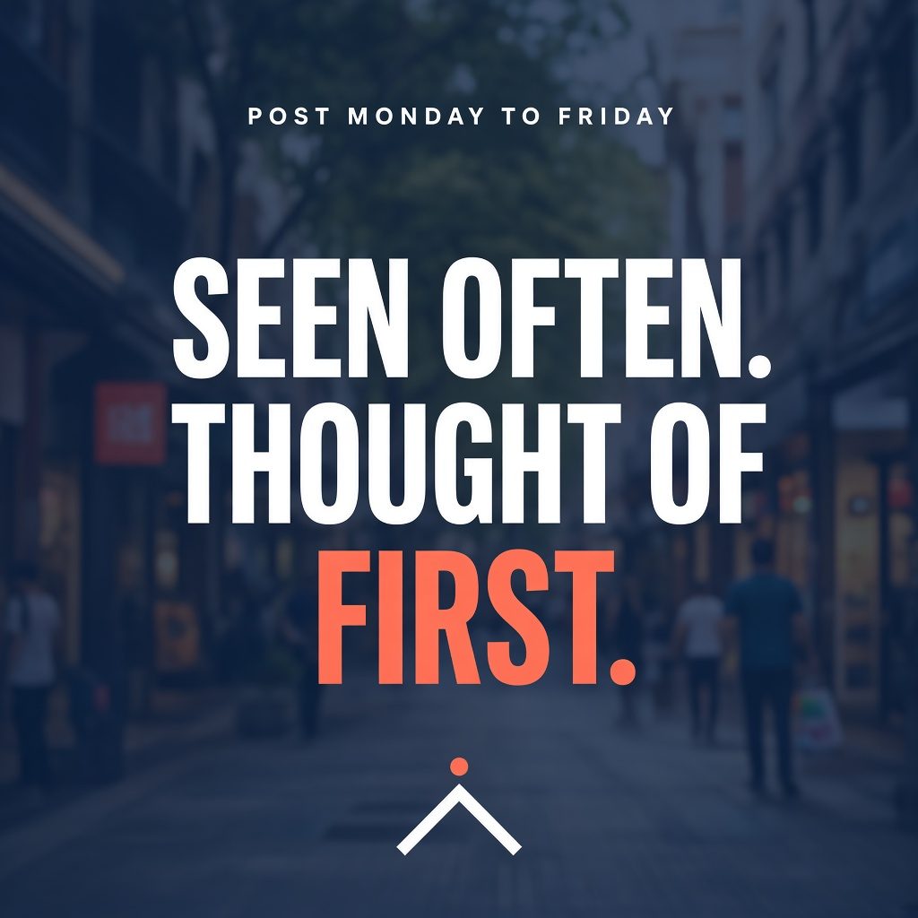 Post: a blurred shopping street, label Post Monday to Friday, headline Seen often. Thought of first.
